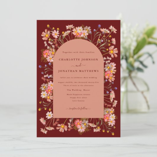 Boho Wildflower Terracotta Arch Fall Wedding Kaart (Staand voorkant)