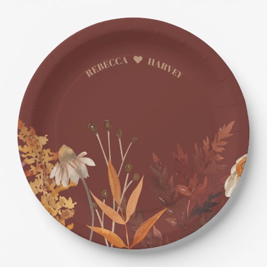 Boho Wildflower Terracotta Herfst Huwelijk Papieren Bordje (Voorkant)