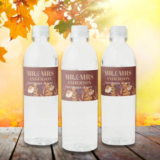 Boho Wildflower Terracotta Herfst Huwelijk Waterfles Etiket
