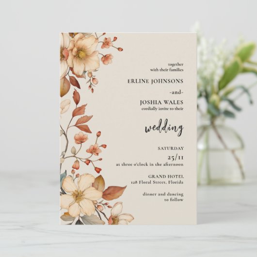 Boho Wildflower Terracotta Wedding Invitation Kaart (Staand voorkant)