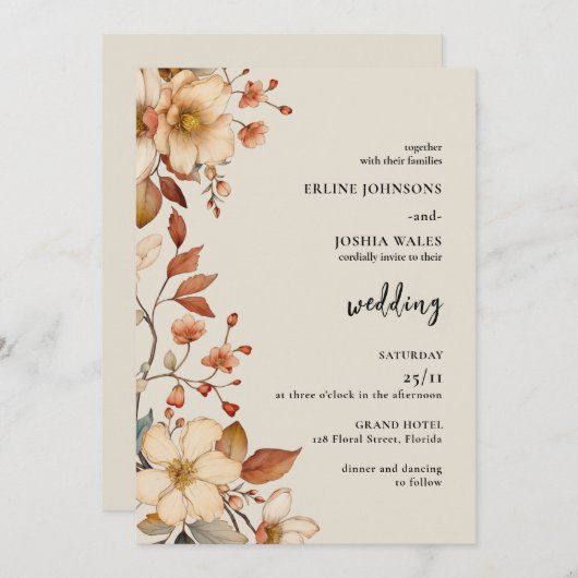 Boho Wildflower Terracotta Wedding Invitation Kaart (Voorkant / Achterkant)