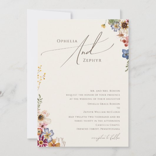 boho Wildflower | Traditionele beige tuinbruiloft Kaart (Voorkant)