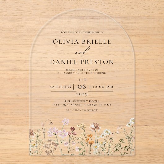 Boho Wildflower Tuin Bruiloft Acryl Uitnodigingen (Voorkant)