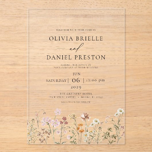 Boho Wildflower Tuin Bruiloft Acryl Uitnodigingen (Voorkant)