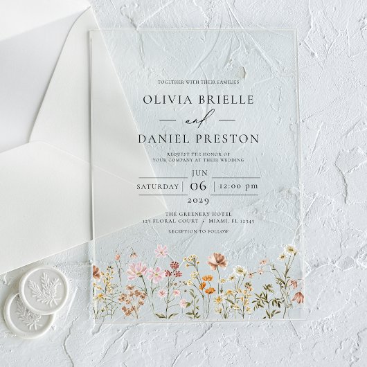 Boho Wildflower Tuin Bruiloft Acryl Uitnodigingen