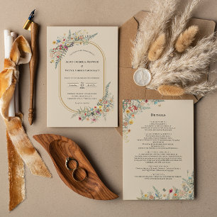 Boho Wildflower Varen Beige Bruiloft Details en Kaart