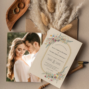 Boho Wildflower Varen Beige Bruiloft Foto Kaart