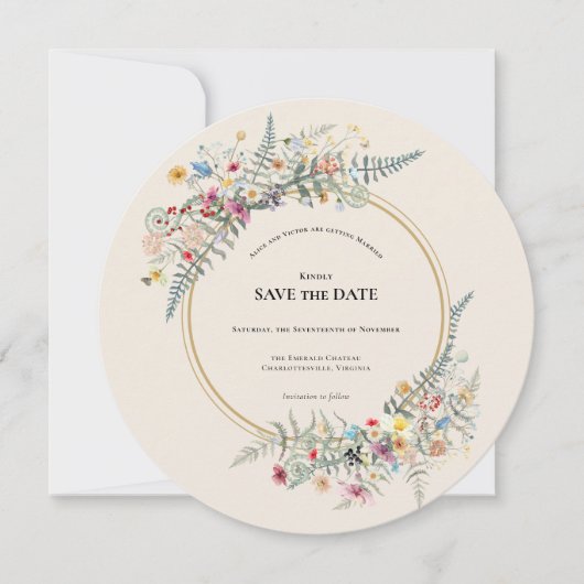 Boho Wildflower Varen Beige Bruiloft Ronde Save The Date (Voorkant)