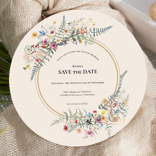Boho Wildflower Varen Beige Bruiloft Ronde Save The Date