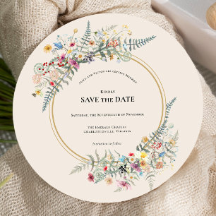 Boho Wildflower Varen Beige Bruiloft Ronde Save The Date