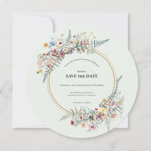 Boho Wildflower Varen Mint Groen Bruiloft Ronde Save The Date (Voorkant)
