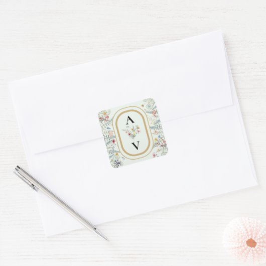 Boho Wildflower Varen Mint Groen Monogram Favor Vierkante Sticker (Envelop)