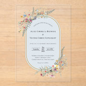 Boho Wildflower Varen Stoffig Blauw Bruiloft Acryl Uitnodigingen (Voorkant)