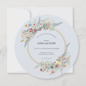 Boho Wildflower varen Stoffig Blauw Bruiloft Ronde Save The Date (Voorkant)