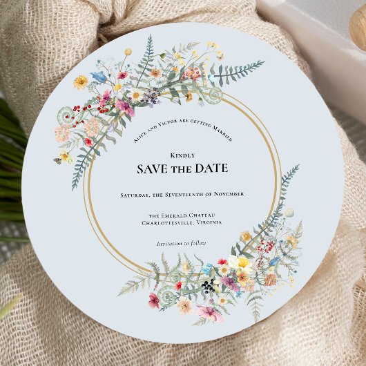 Boho Wildflower varen Stoffig Blauw Bruiloft Ronde Save The Date