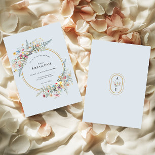 Boho Wildflower Varen Stoffig Blauw Bruiloft Save The Date