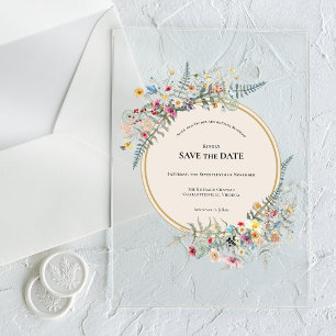 Boho Wildflower Varens Beige Save the Date Acryl Uitnodigingen