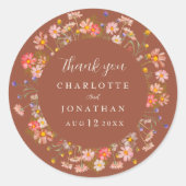 Boho Wildflower Verbrand Sinaasappel bruiloft Dank Ronde Sticker (Voorkant)