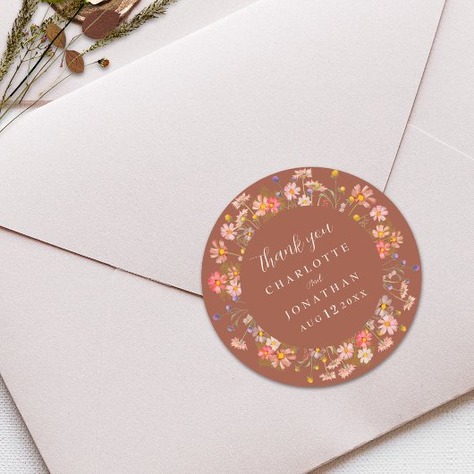 Boho Wildflower Verbrand Sinaasappel bruiloft Dank Ronde Sticker