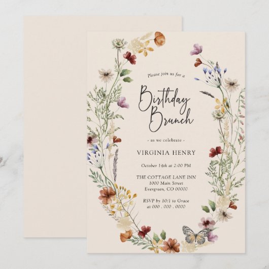 Boho Wildflower Verjaardag Brunch Kaart (Voorkant / Achterkant)