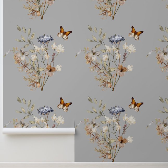 Boho Wildflower Vlinder Bloemen Behang (Boho Wildflower Floral Butterfly Wallpaper, Living Room Decor, Grey Wallpaper, New House)