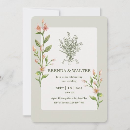 Boho Wildflower Watercolor Botanical Sage Wedding  Kaart (Voorkant)