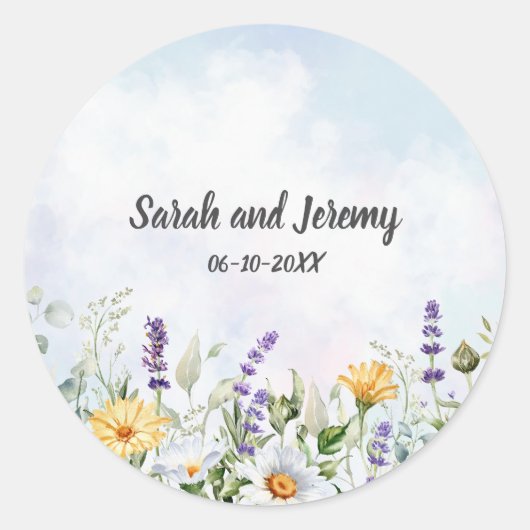 Boho Wildflower Waterverf Personaliseer bruiloft Ronde Sticker (Voorkant)