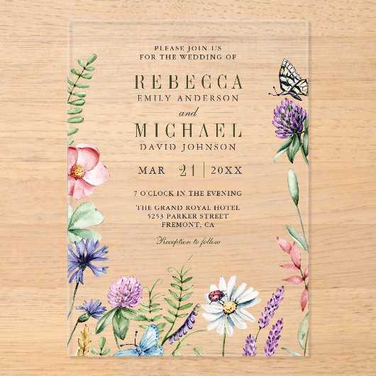 Boho Wildflower Wedding Acryl Uitnodigingen (Voorkant)