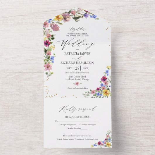 Boho Wildflower Wedding All In One Uitnodiging (Binnen)