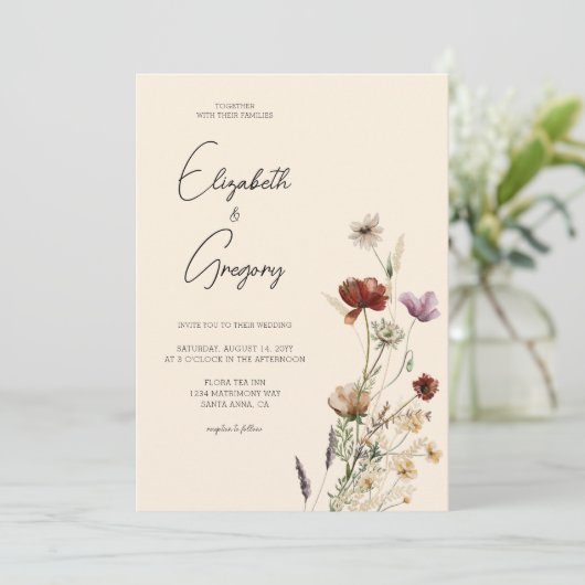 Boho Wildflower Wedding Invitation Kaart (Staand voorkant)