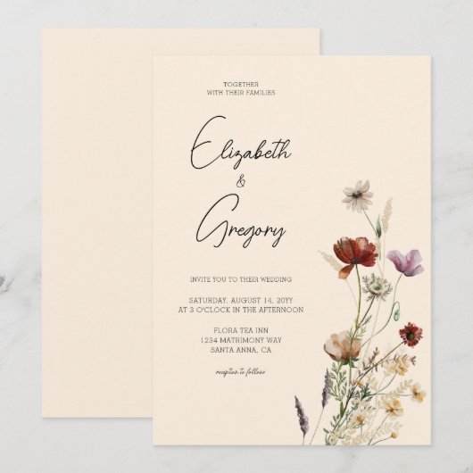 Boho Wildflower Wedding Invitation Kaart (Voorkant / Achterkant)