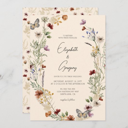 Boho Wildflower Wedding Invitation Kaart (Voorkant / Achterkant)