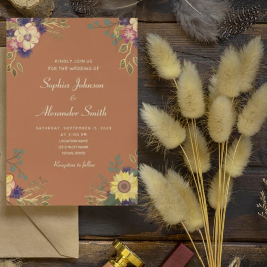 Boho Wildflower Wedding Invitation Kaart