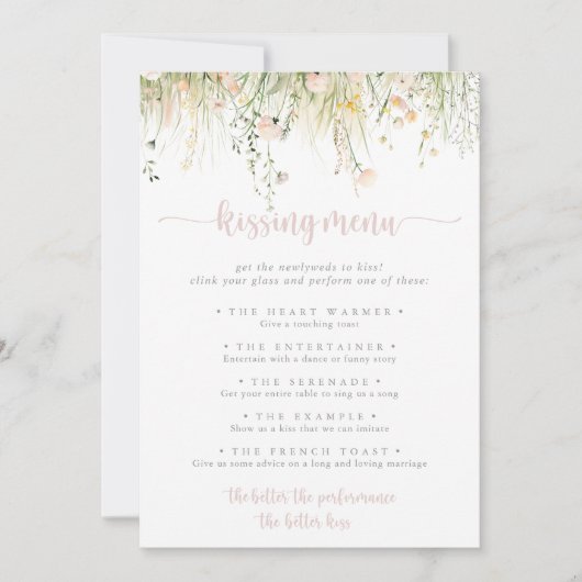 Boho Wildflower Wedding Kissing Menu Game Kaart (Voorkant)