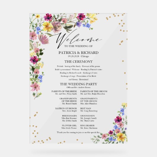 Boho Wildflower Wedding Programme Acryl Bord (Voorkant)