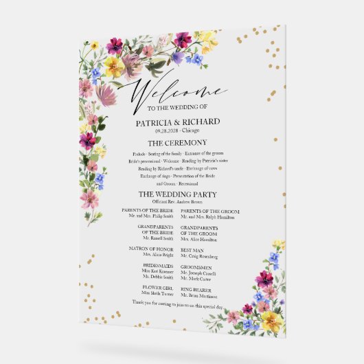 Boho Wildflower Wedding Programme Acryl Bord (Hoek)