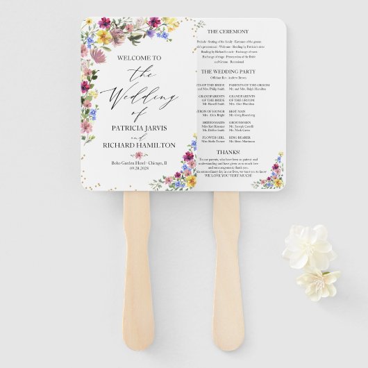 Boho Wildflower Wedding Programme Handwaaier (Voorkant en achterkant)