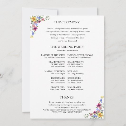 Boho Wildflower Wedding Programme Kaart (Achterkant)