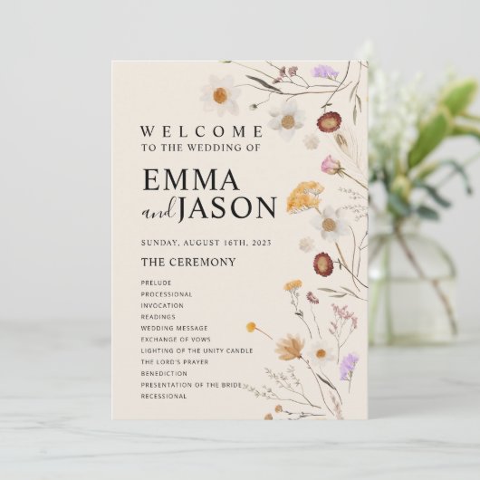 Boho Wildflower Wedding Programme Kaart (Staand voorkant)