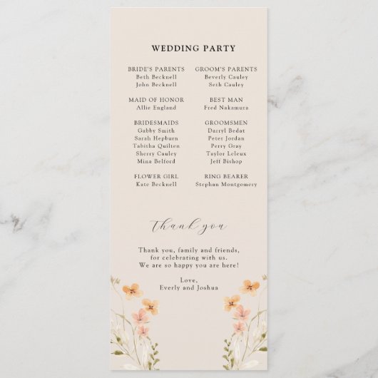 Boho Wildflower Wedding Programme Programmakaart (Achterkant)