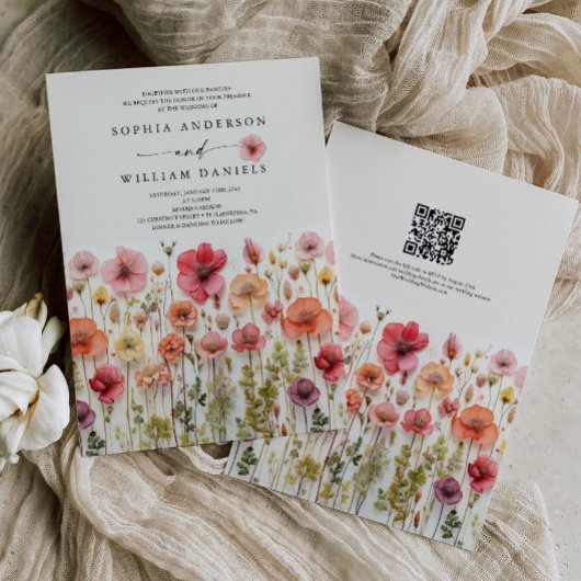 Boho Wildflower Wedding QR-code Kaart
