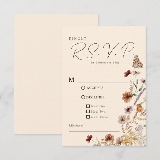 Boho Wildflower Wedding RSVP Kaartje (Voorkant / Achterkant)