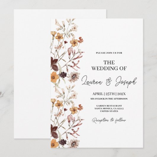 Boho Wildflower Wedding-uitnodiging Kaart (Voorkant / Achterkant)