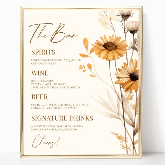 Boho Wildflower Wild Flower Wedding Bar Teken Poster
