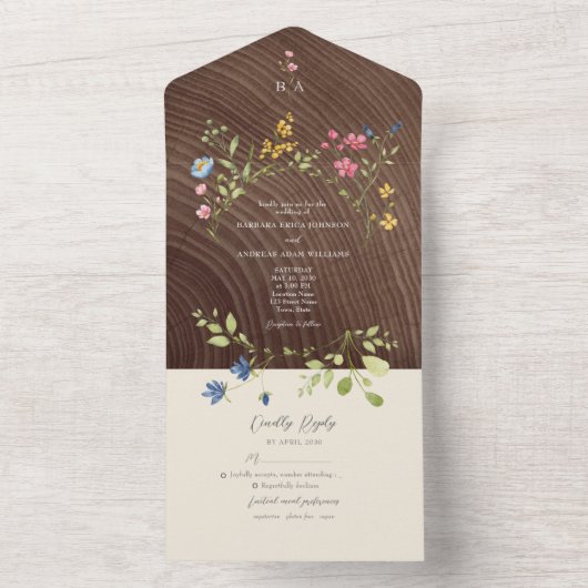 Boho Wildflower Woodland Wedding All In One Uitnodiging (Binnen)