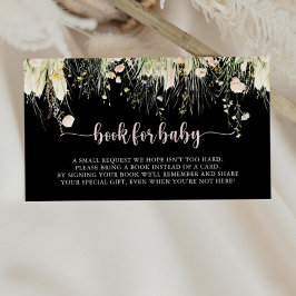 Boho Wildflower Zwart Baby shower Boek Aanvraag Informatiekaartje