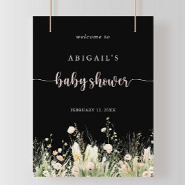 Boho Wildflower Zwart Baby shower Welkom Poster
