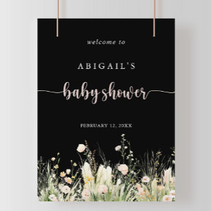 Boho Wildflower Zwart Baby shower Welkom Poster