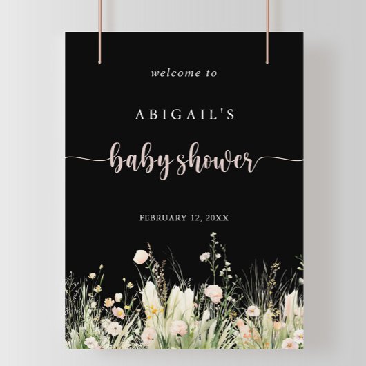 Boho Wildflower Zwart Baby shower Welkom Poster