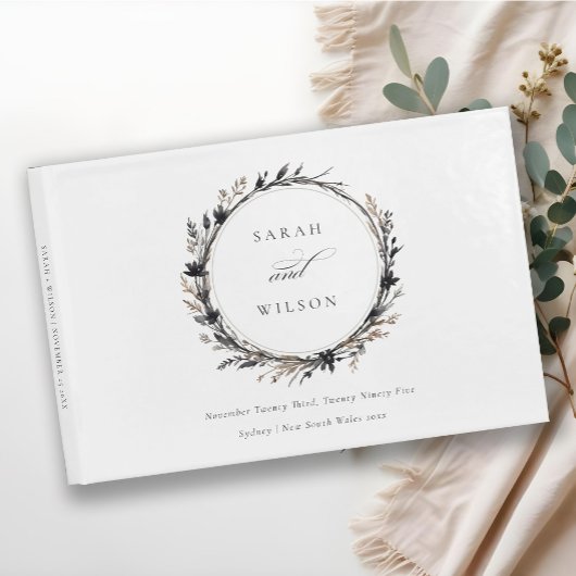 Boho Wildflower Zwart Bruin Herfst Krans Bruiloft Gastenboek